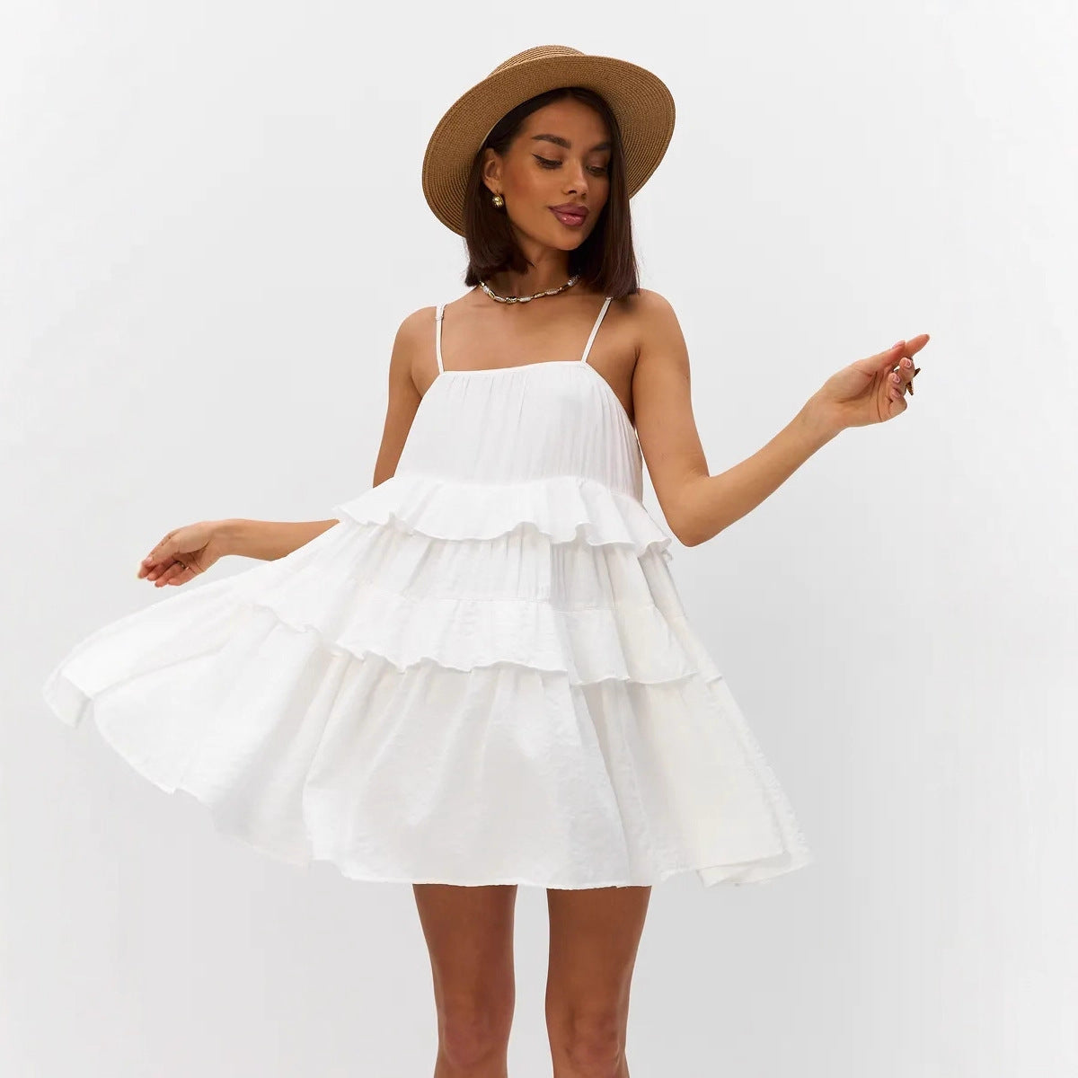 Robe à volants pour femmes en coton léger avec détails en dentelle R&B