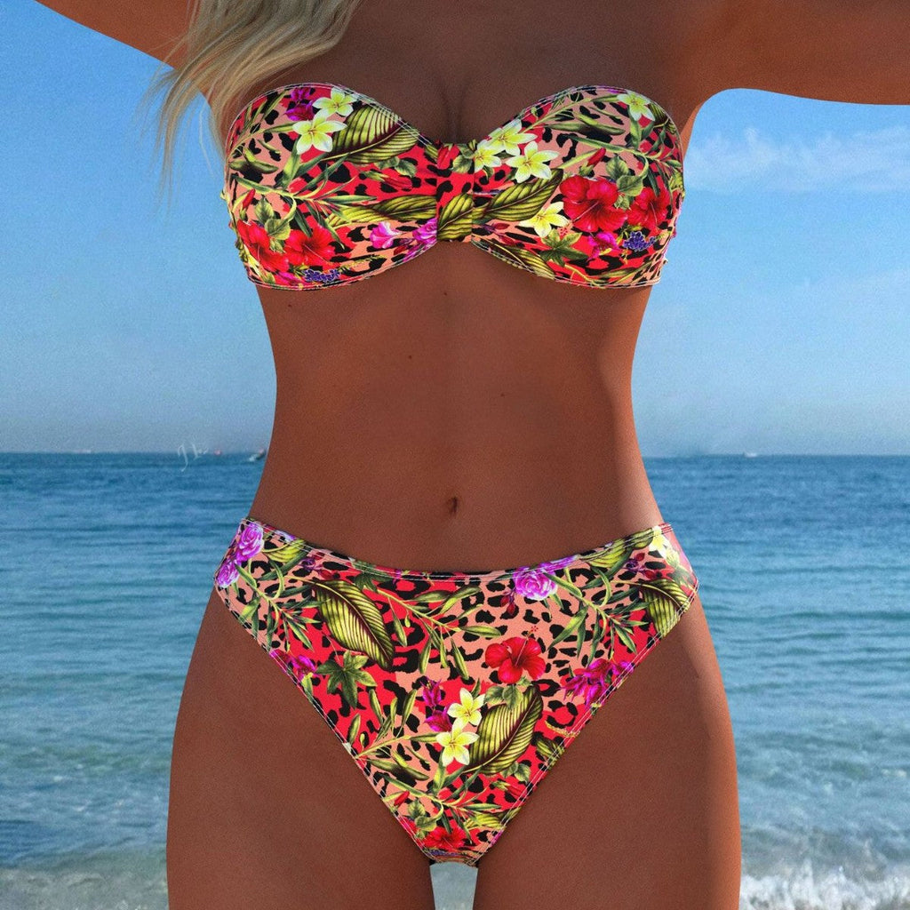 Bikini bandeau pour femmes avec motif floral et taille haute R&B
