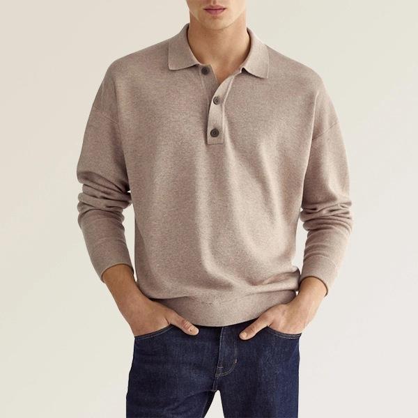 Polo-Sweater en maille fine pour hommes avec manches longues, poignets côtelés et patte de boutonnage subtile EB