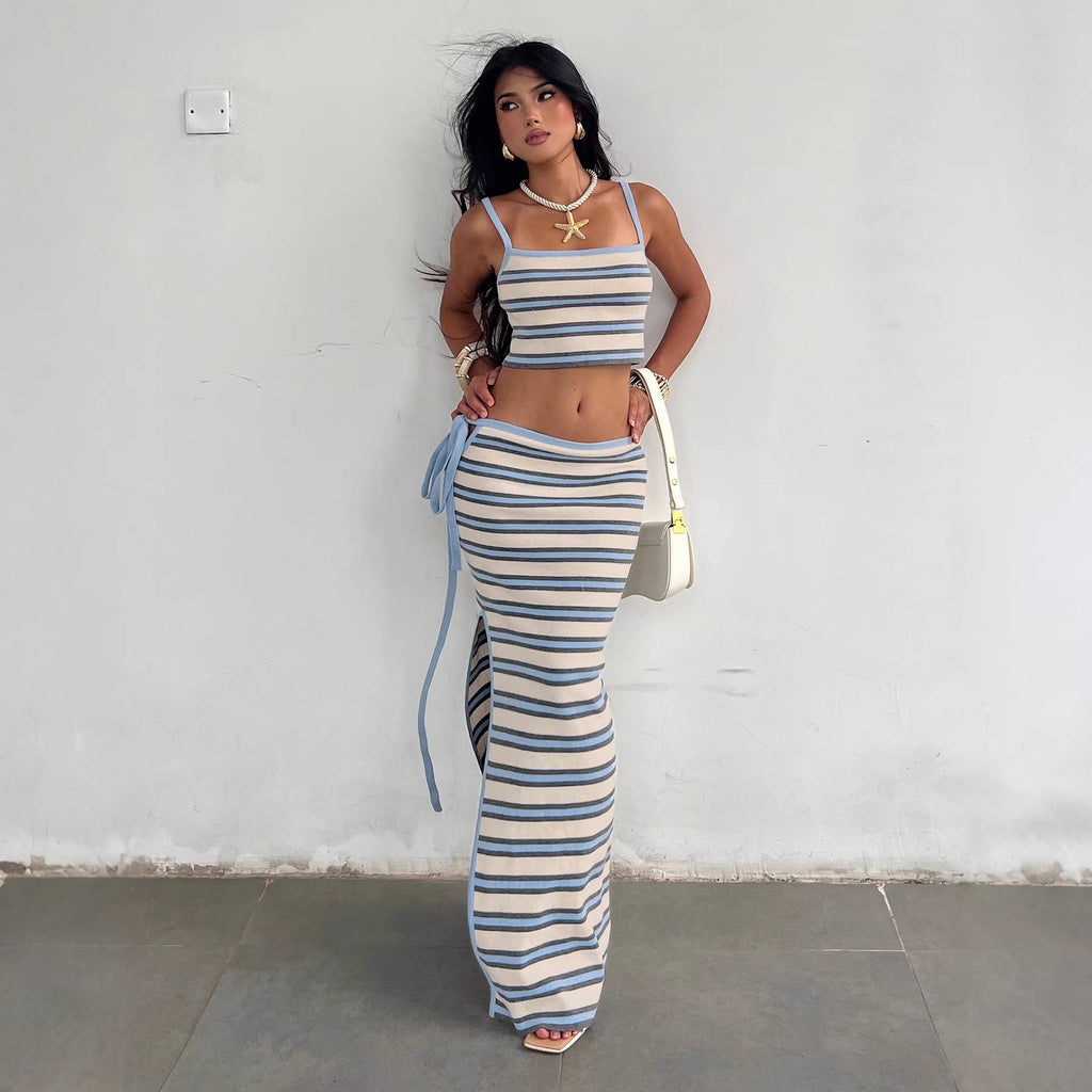 Jupe longue rayée pour femmes avec taille haute et ceinture à nouer R&B