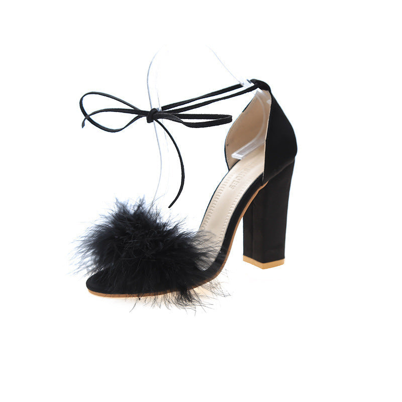 Sandales à talons hauts pour femmes avec pompon en peluche décoratif et lacets féminins R&B