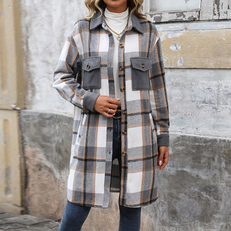 Veste à carreaux pour femme avec poches et boutons, manches longues