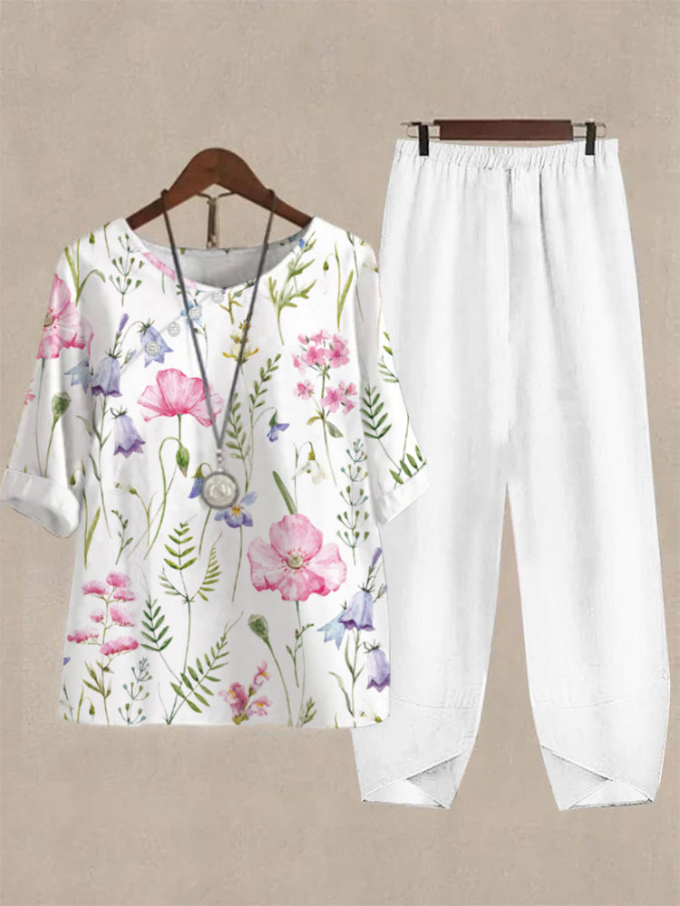 Haut de loisirs pour femmes avec motif floral et pantalon confortable R&B