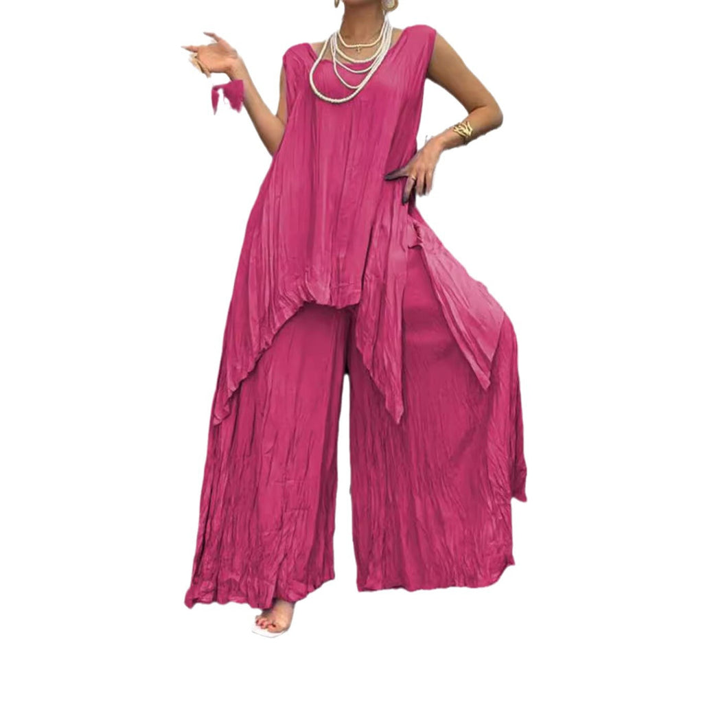 Ensemble léger à effet froissé pour femmes avec tunique sans manches et pantalon palazzo R&B