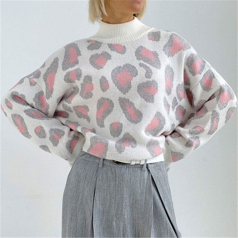 Pull à col roulé oversize pour femmes avec jacquard léopard et bordures côtelées Echoarchiv