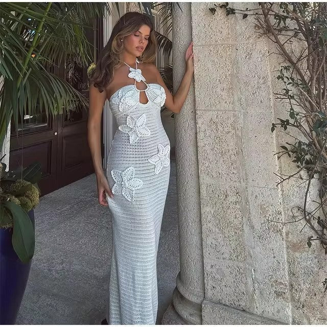 Robe maxi en tricot pour femmes avec empiècement floral et design sans épaules R&B