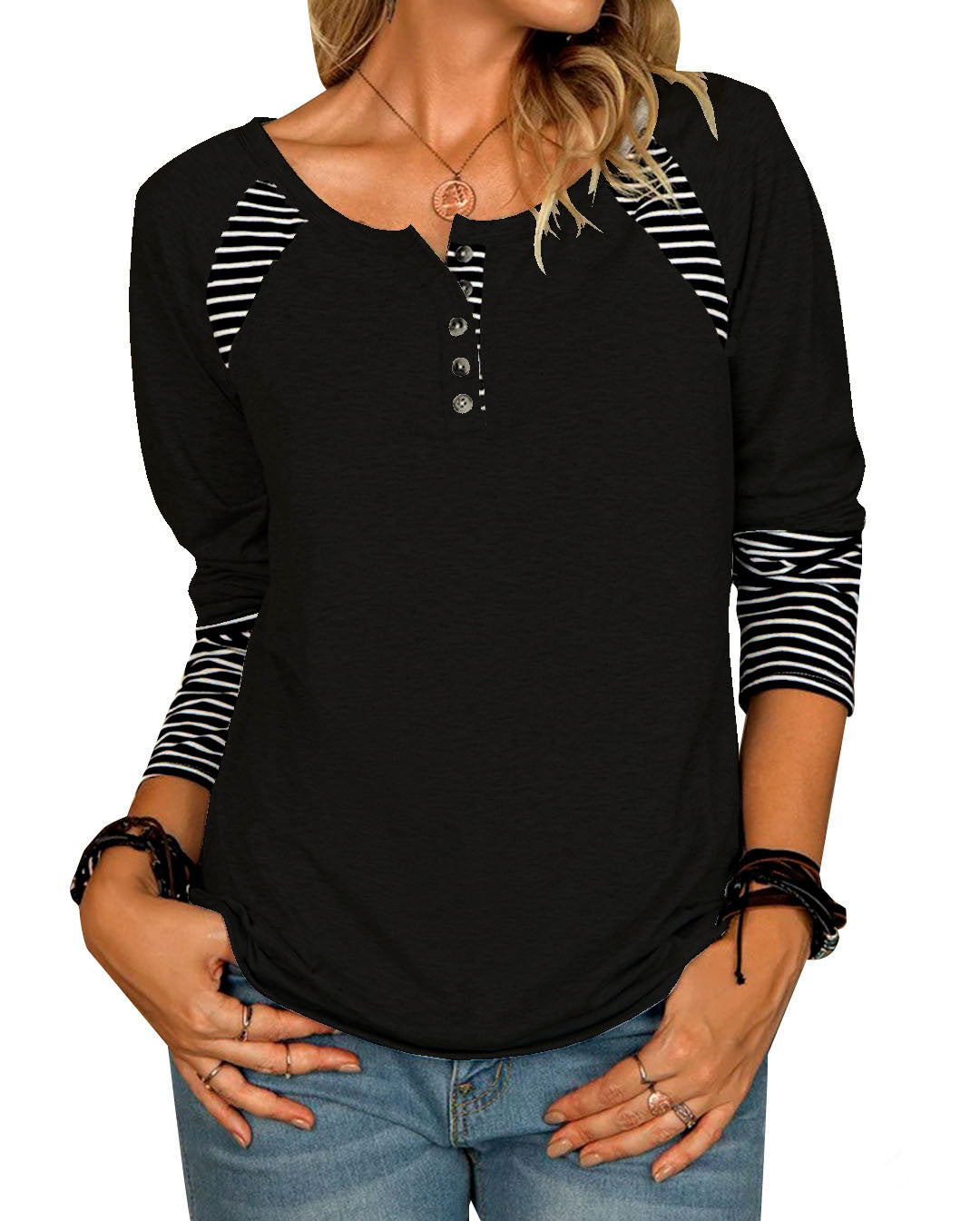 T-shirt Henley Raglan Décontracté Femme avec Patte de Boutonnage et Poignets Rayés Echoarchiv
