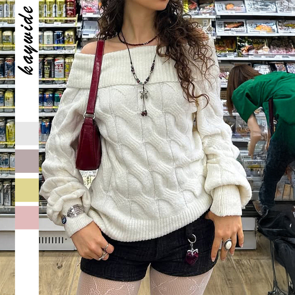Pull en tricot épais sans épaules pour femmes avec motif en torsade, manches larges et bord-côte élastique Echo Archiv