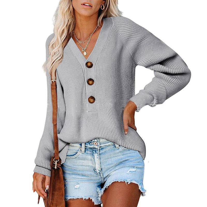 Pull en tricot côtelé pour femmes avec décolleté en V, patte de boutonnage décorative et manches ballon Echoarchiv
