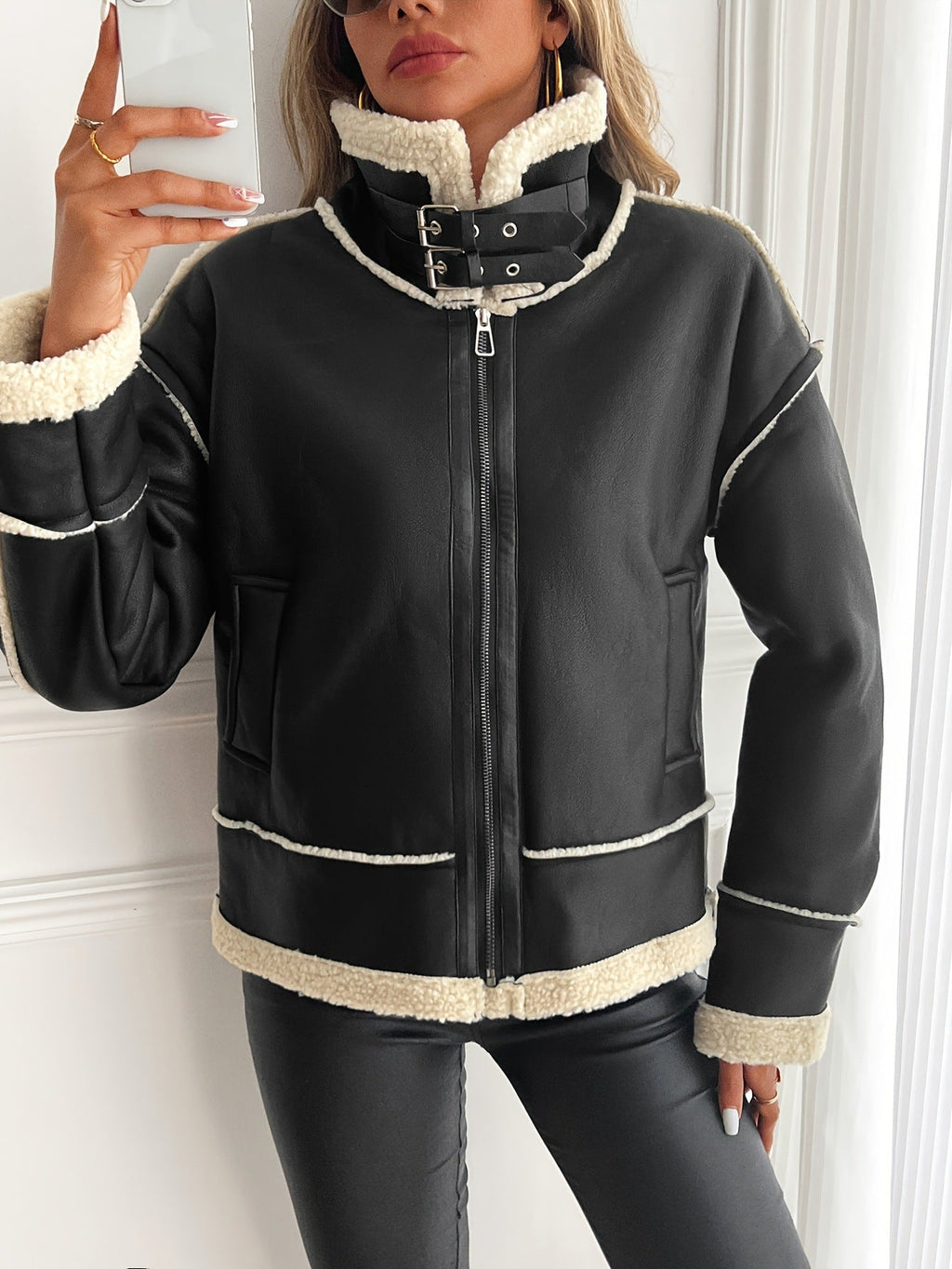 Veste en simili cuir pour femmes avec doublure en teddy