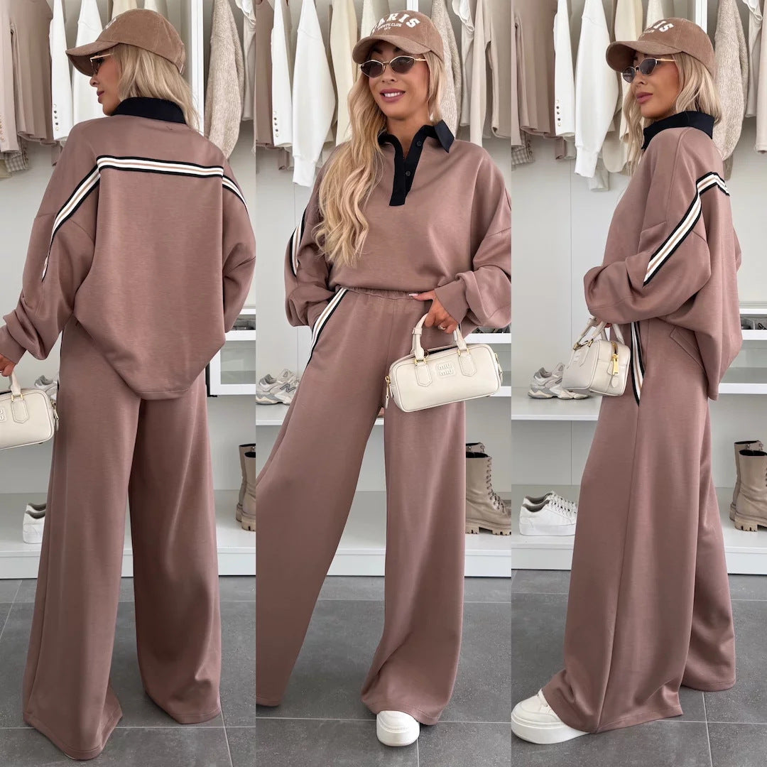 Ensemble de détente féminin à la mode avec col polo, bandes de passepoil marquantes et pantalon jogger large