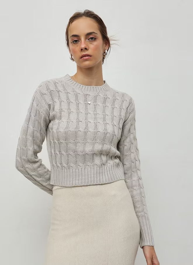 Pull en tricot torsadé pour femmes, coupe courte, col rond et bords côtelés