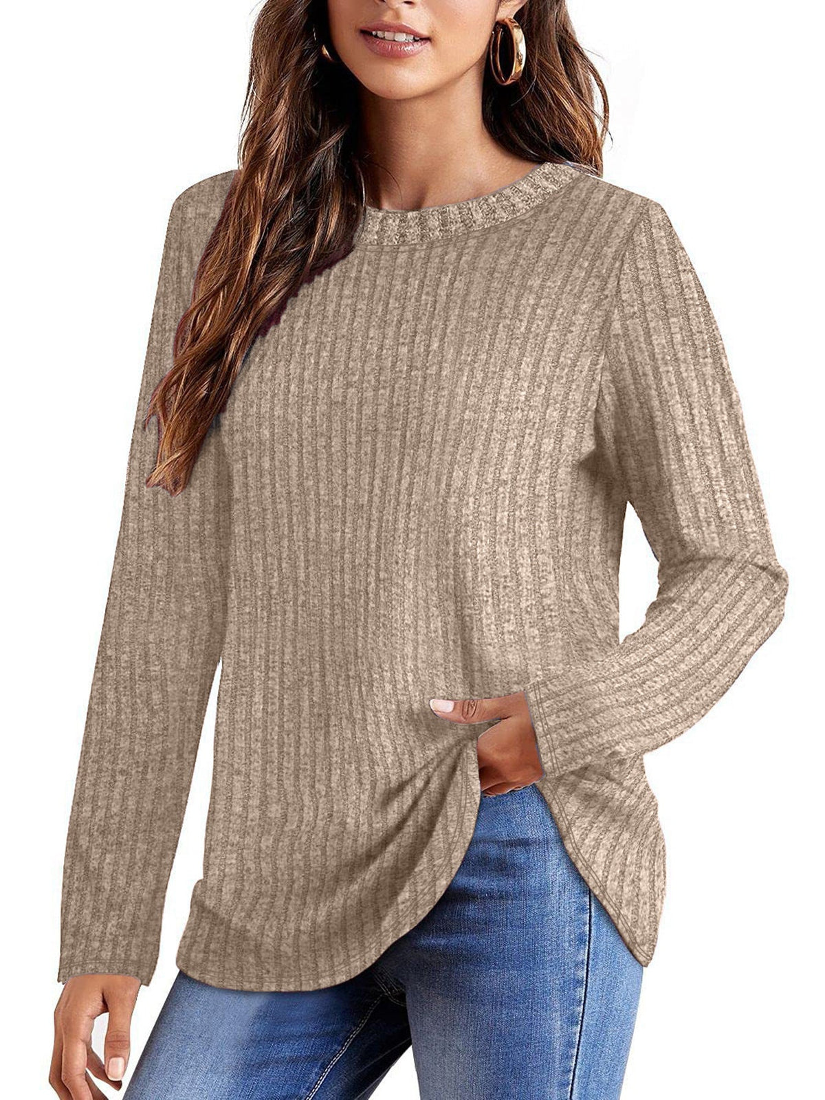 T-shirt long en maille fine côtelée pour femmes avec col rond et ourlet asymétrique