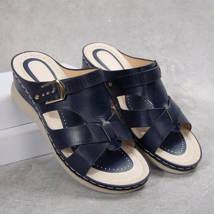 Pantolettes à talon compensé pour femmes avec élégant lanière croisée et semelle intérieure confortable R&B