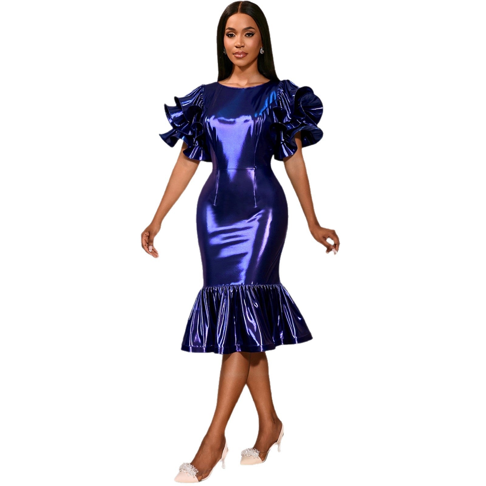 Robe de soirée glamour pour femmes avec épaules volumineuses en volants R&B