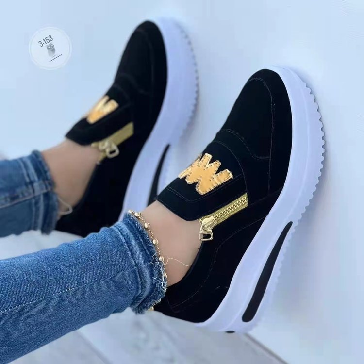 Baskets Slip-On Femme avec fermeture éclair dorée et logo tendance Heidi-Mode
