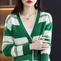 Cardigan midi pour femmes avec rayures, décolleté en V et manches longues