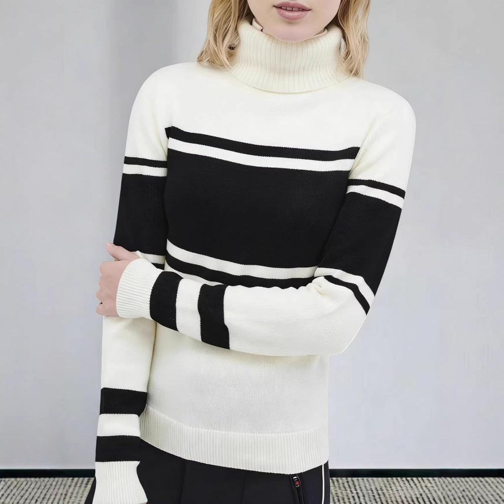 Robe en tricot à col roulé long pour femmes avec motif étoile, rayures bloc et bord-côte élastique