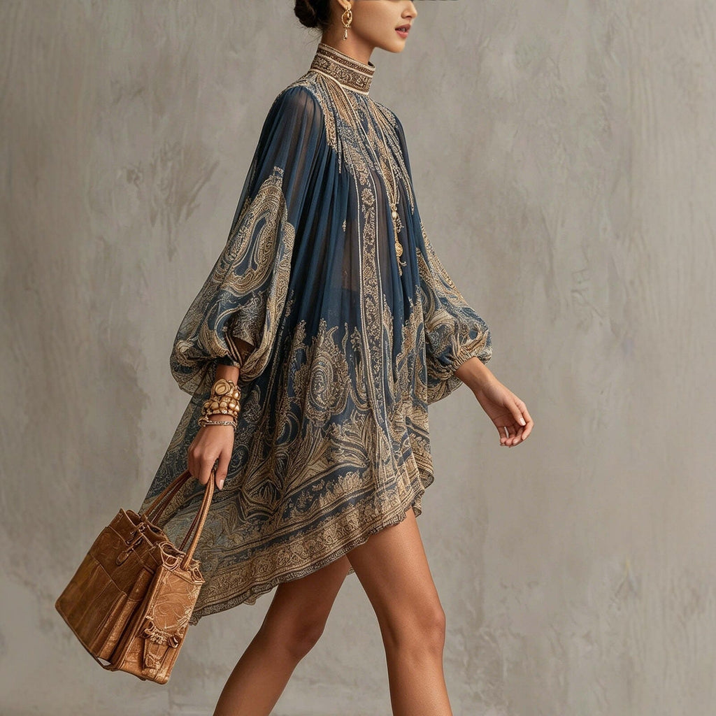 Robe tunique en chiffon éthéré pour femmes avec col montant et manches ballon Echoarchiv