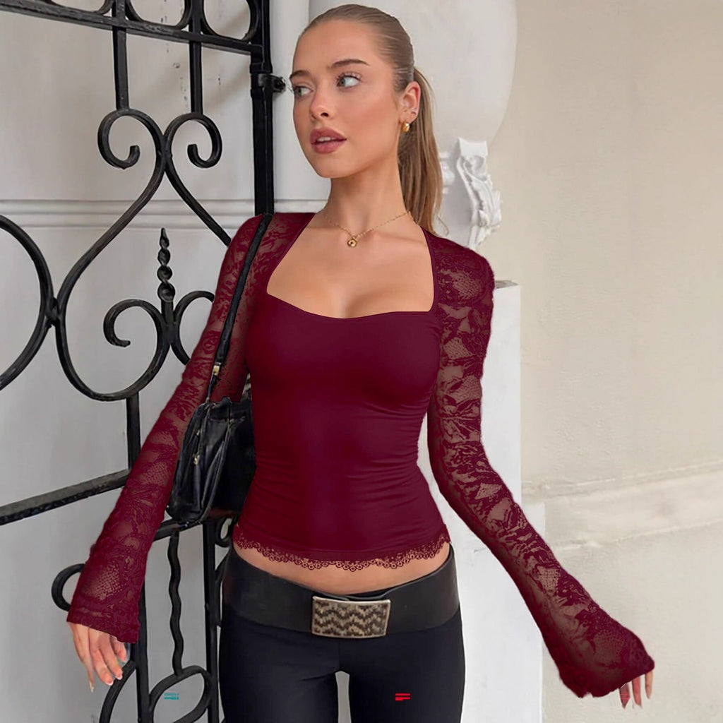Haut ajusté pour femmes avec manches en dentelle et décolleté carré Heidi-Mode