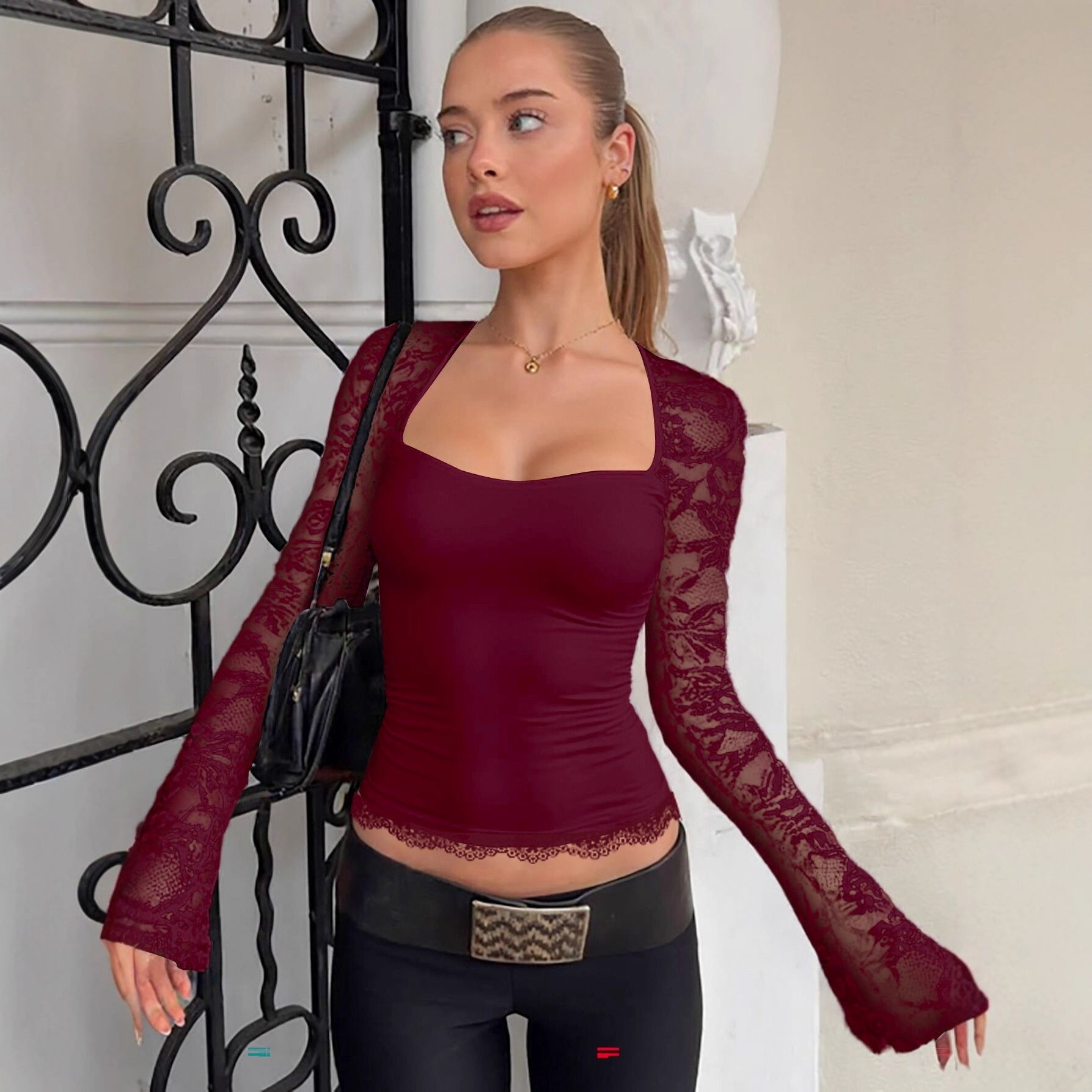 Haut ajusté pour femmes avec manches en dentelle et décolleté carré Heidi-Mode