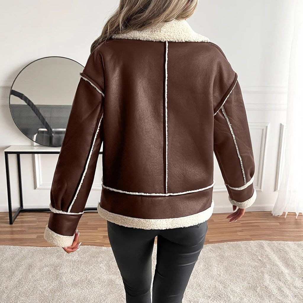 Veste en simili cuir pour femmes avec doublure en teddy
