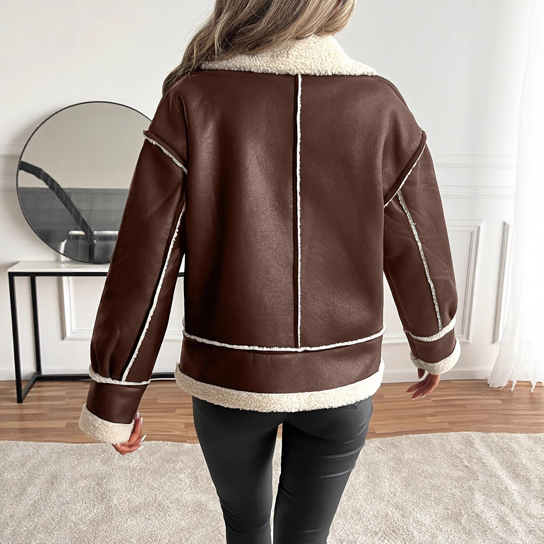 Veste en simili cuir pour femmes avec doublure en teddy et fermeture éclair