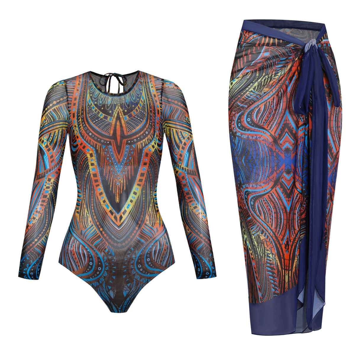 Maillot de bain à manches longues pour femmes avec motif graphique coloré R&B