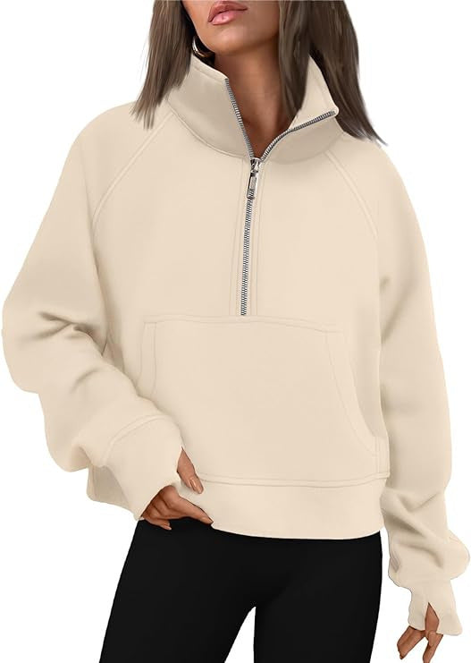 Sweat à capuche femme en polaire oversize raccourci avec demi-fermeture éclair, col montant, poche kangourou et poignets avec trou pour le pouce Echo Archiv