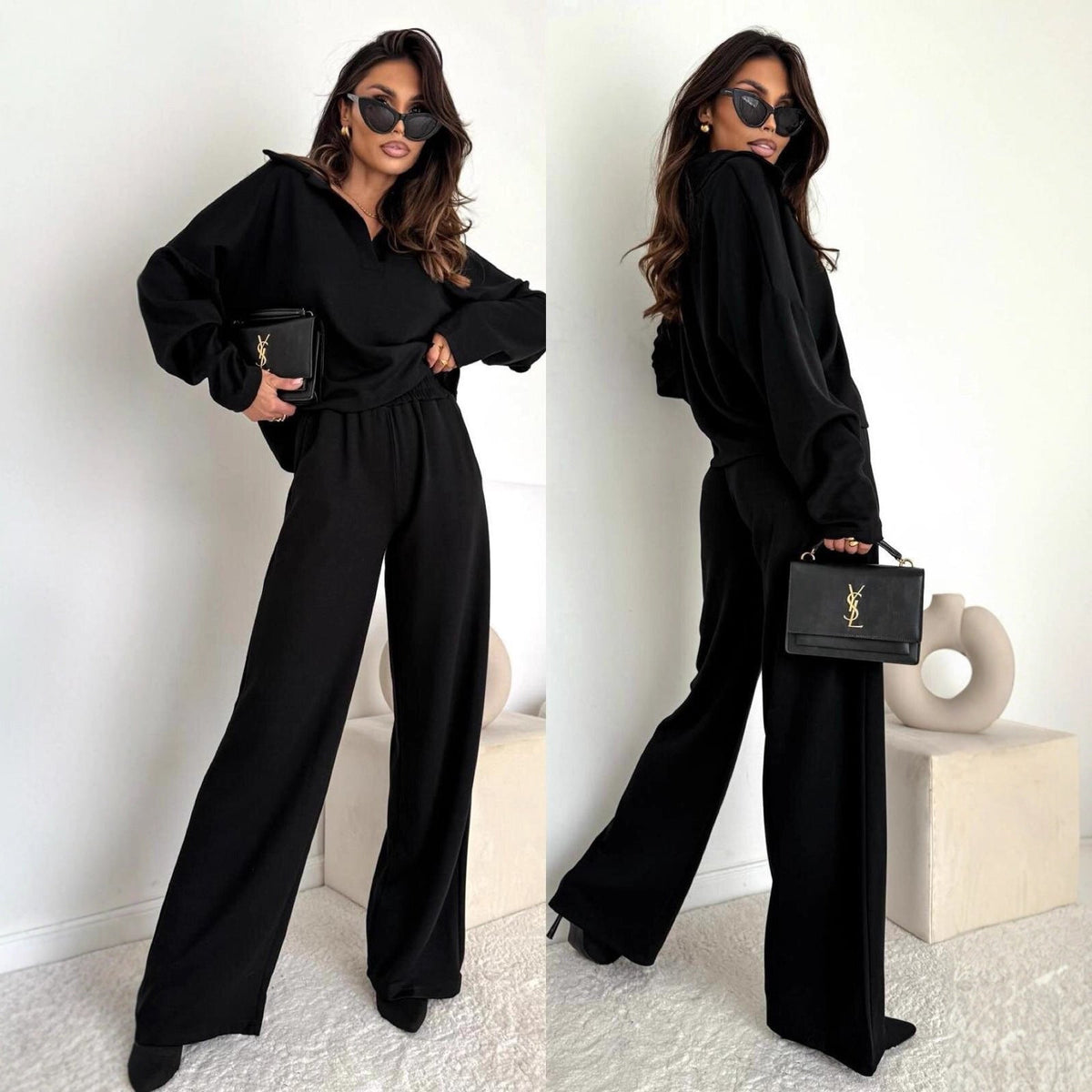 Ensemble de loungewear pour femmes avec col chemise - Sweatshirt court et pantalon palazzo large Echo Archiv
