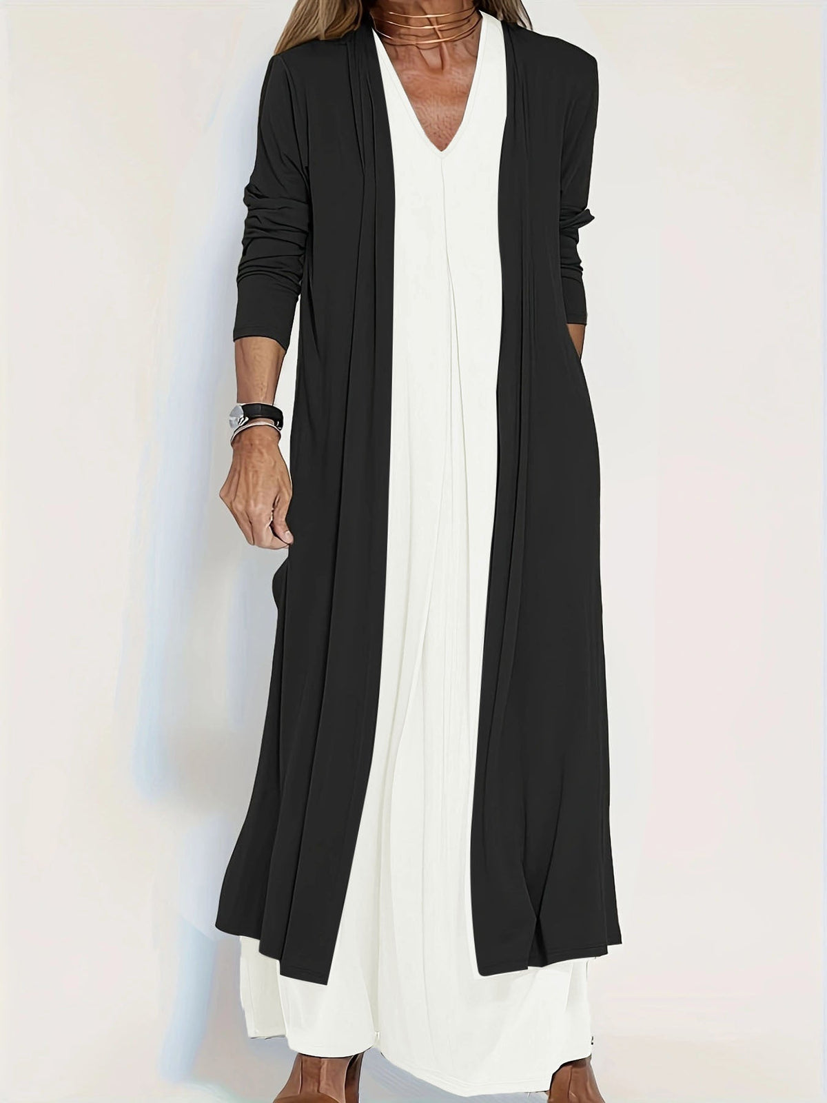 Cardigan long ouvert en jersey pour femmes avec poches et drapés fluides Echoarchiv