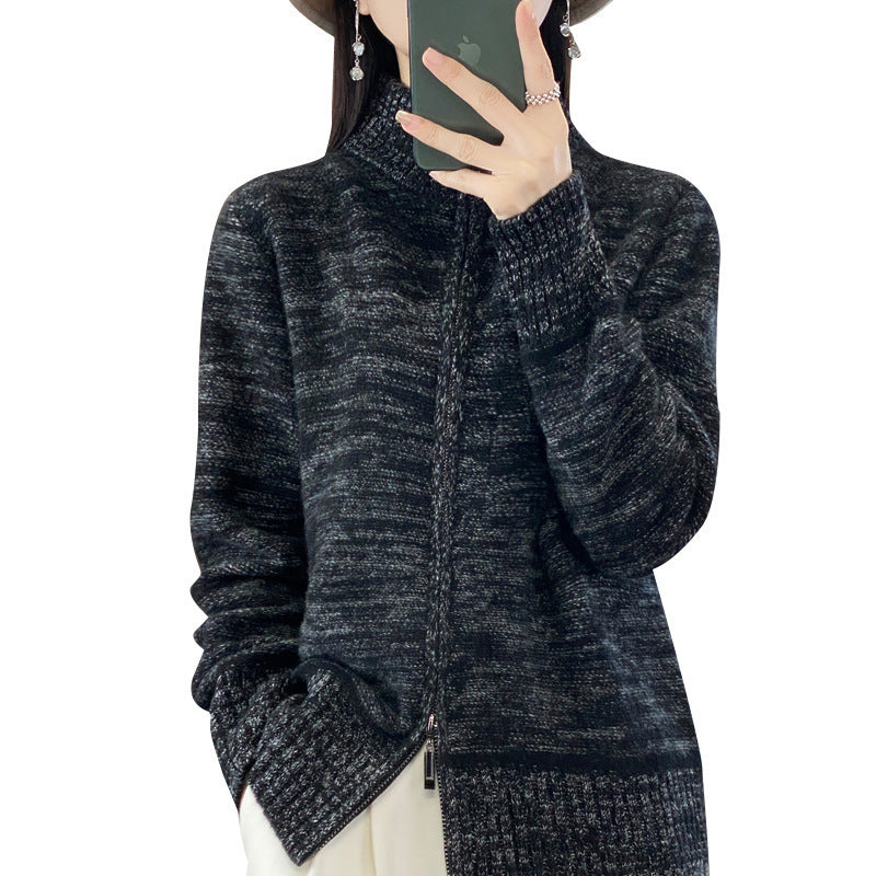 Veste en tricot pour femmes avec fermeture éclair et col montant