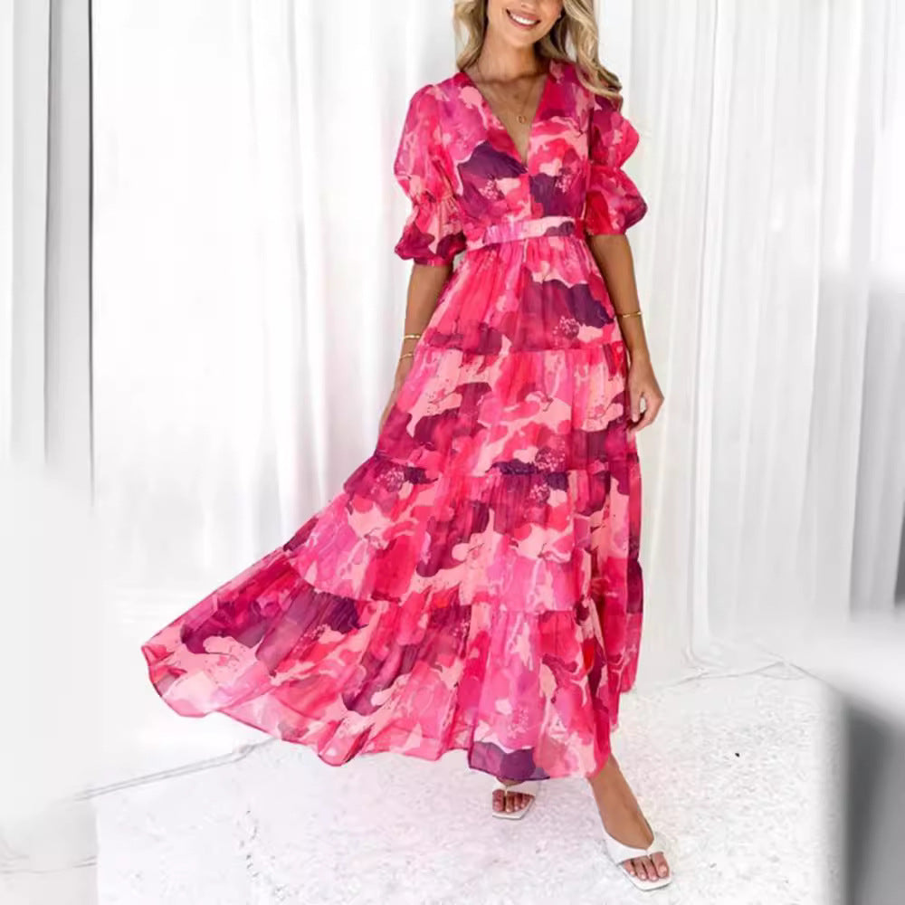 Robe maxi à volants pour femmes avec décolleté en V et taille empire froncée R&B