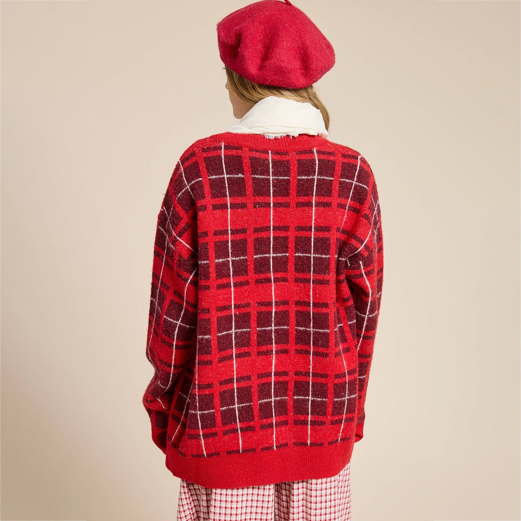 Cardigan en maille à carreaux oversize pour femmes avec ceinture et poches plaquées Echoarchiv