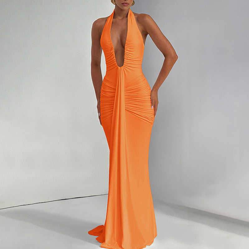 Robe Maxi Élégante pour Femme avec Drapés Raffinés et Décolleté en V Profond Heidi-Mode