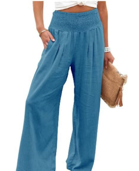 Pantalons larges smockés taille haute en mélange de lin pour femmes Echoarchiv