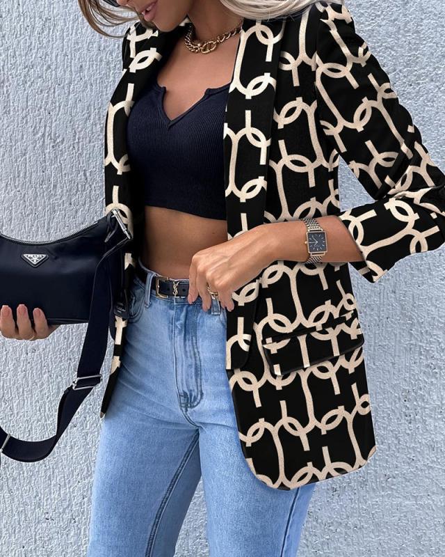 Blazer long à motifs pour femmes avec motif chaîne, silhouette cintrée et poches à rabat Echoarchiv