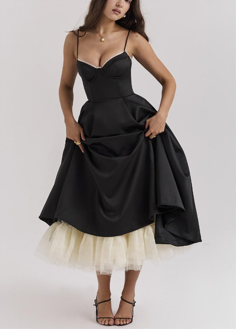 Robe midi rétro inspirée pour femmes avec corsage, coutures sous la poitrine, jupe évasée et poches latérales R&B