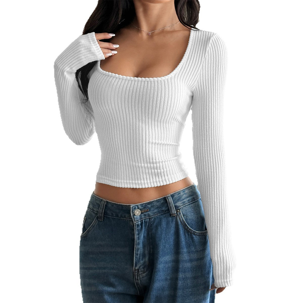 T-shirt long en maille côtelée cintré pour femmes avec décolleté carré profond et effet sculptant Echo Archiv