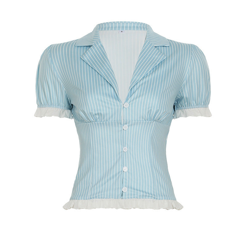 Chemisier court pour femmes avec manches à volants et motif rayé R&B