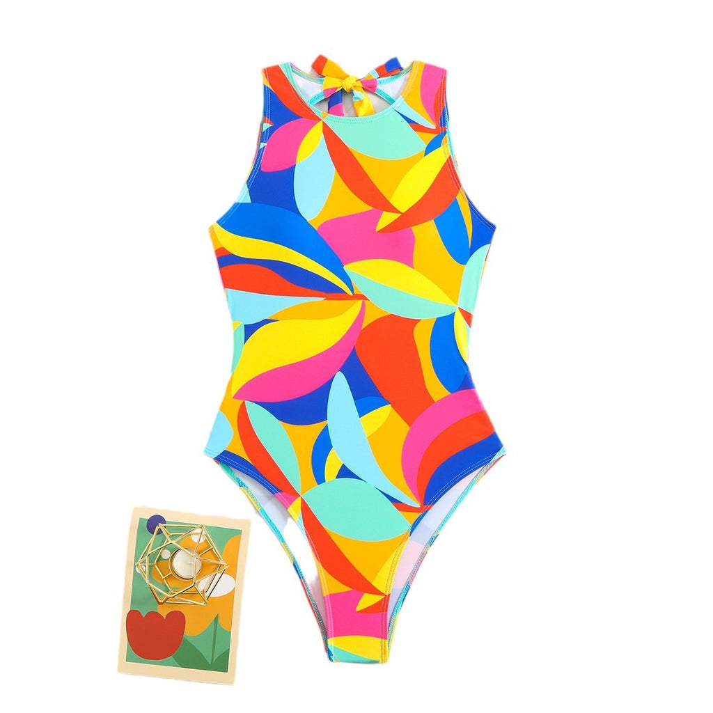 Maillot de bain une pièce sportif pour femmes avec motif de feuilles colorées Drune