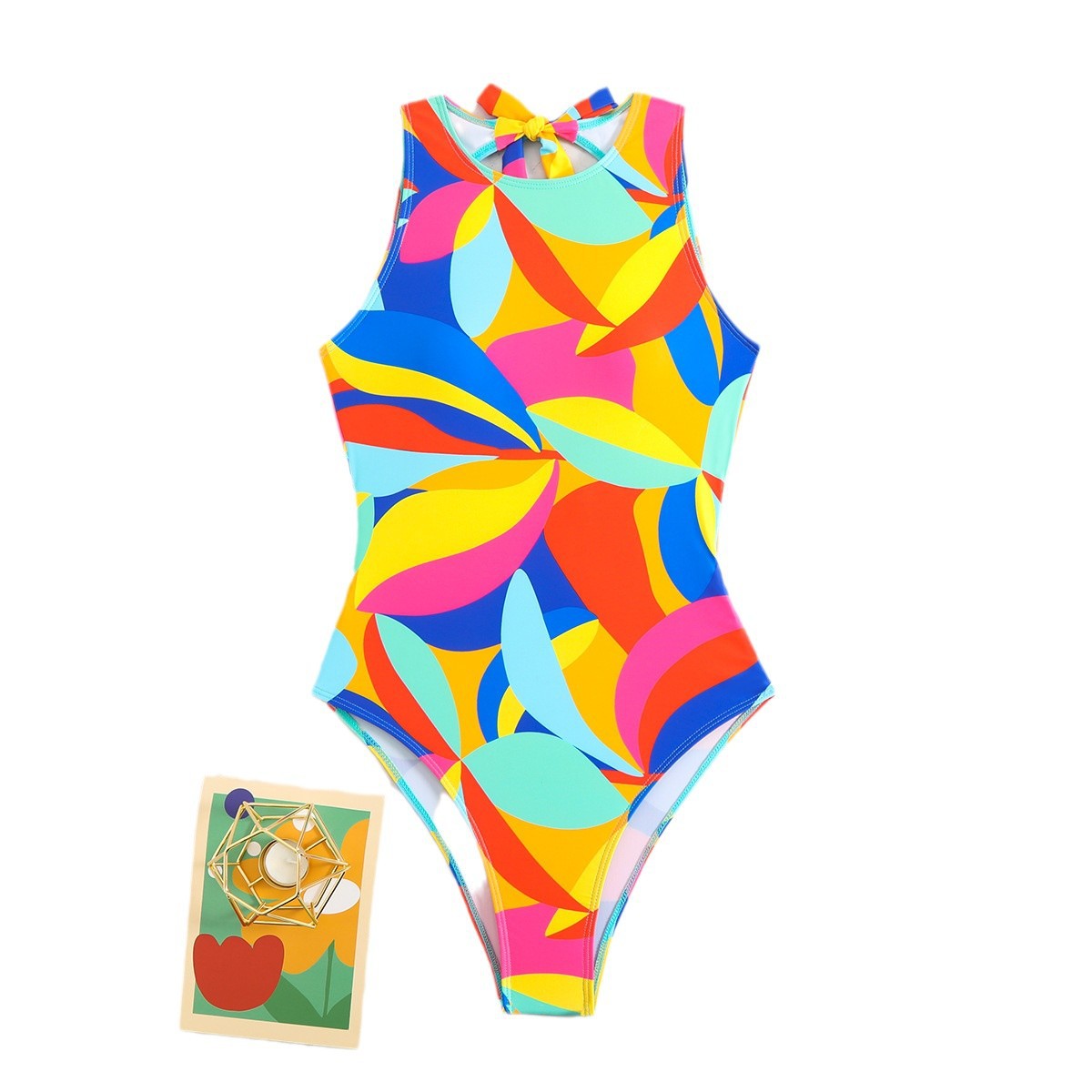 Maillot de bain une pièce sportif pour femmes avec motif de feuilles colorées Drune