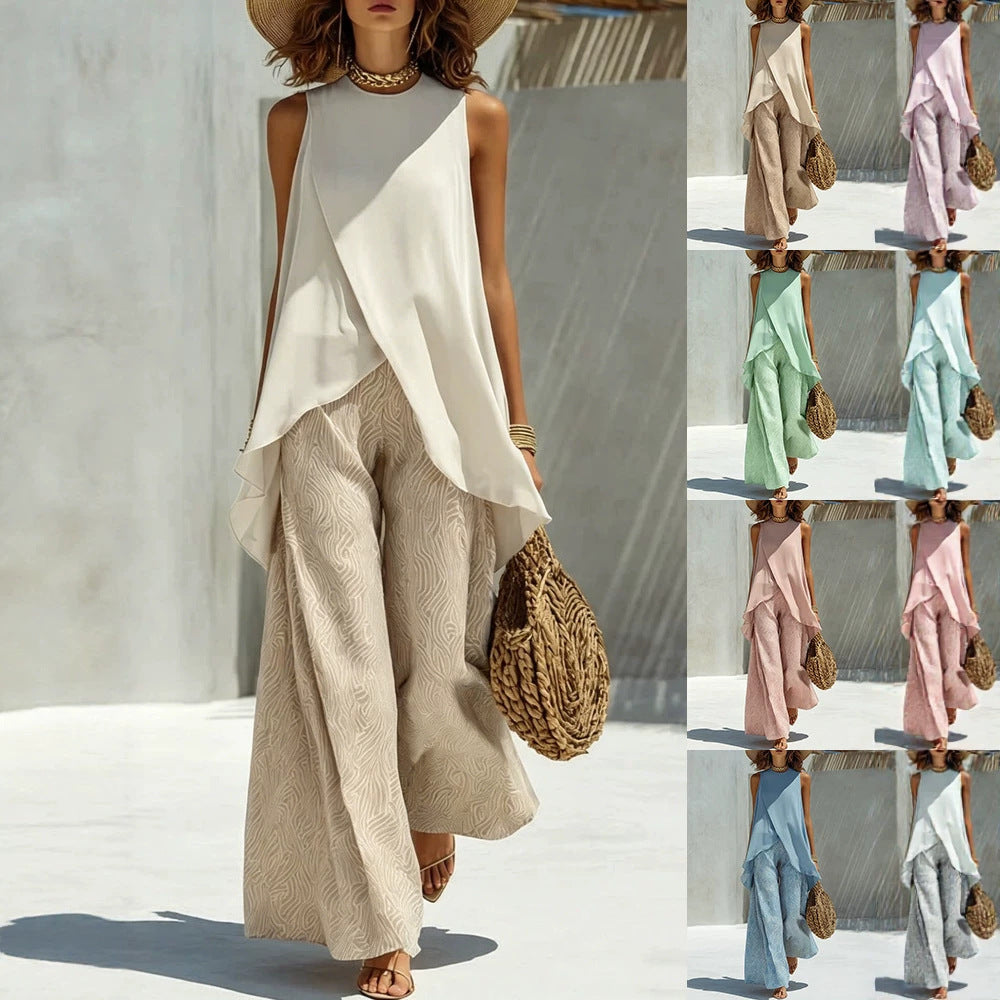 Ensemble élégant et léger pour femmes avec top asymétrique et pantalons larges R&B