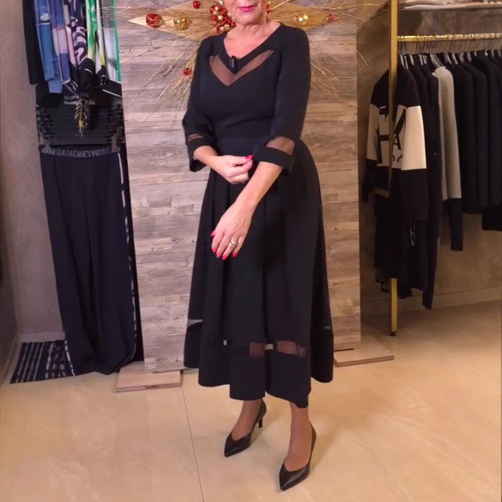 Robe midi cintrée pour femmes avec inserts en mesh transparent, ceinture à nouer et coupe A féminine R&B