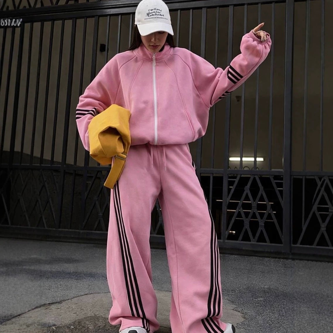 Ensemble de jogging ample pour femmes en polaire de coton avec fermeture éclair et bandes contrastées latérales Echoarchiv