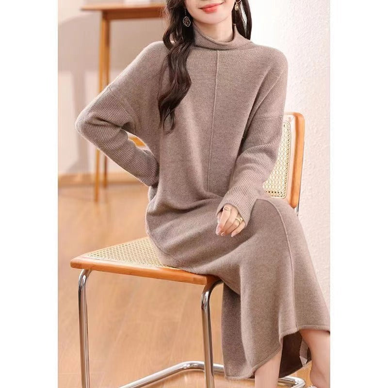 Robe Longue Tricotée pour Femme avec Col Montant et Manches Longues