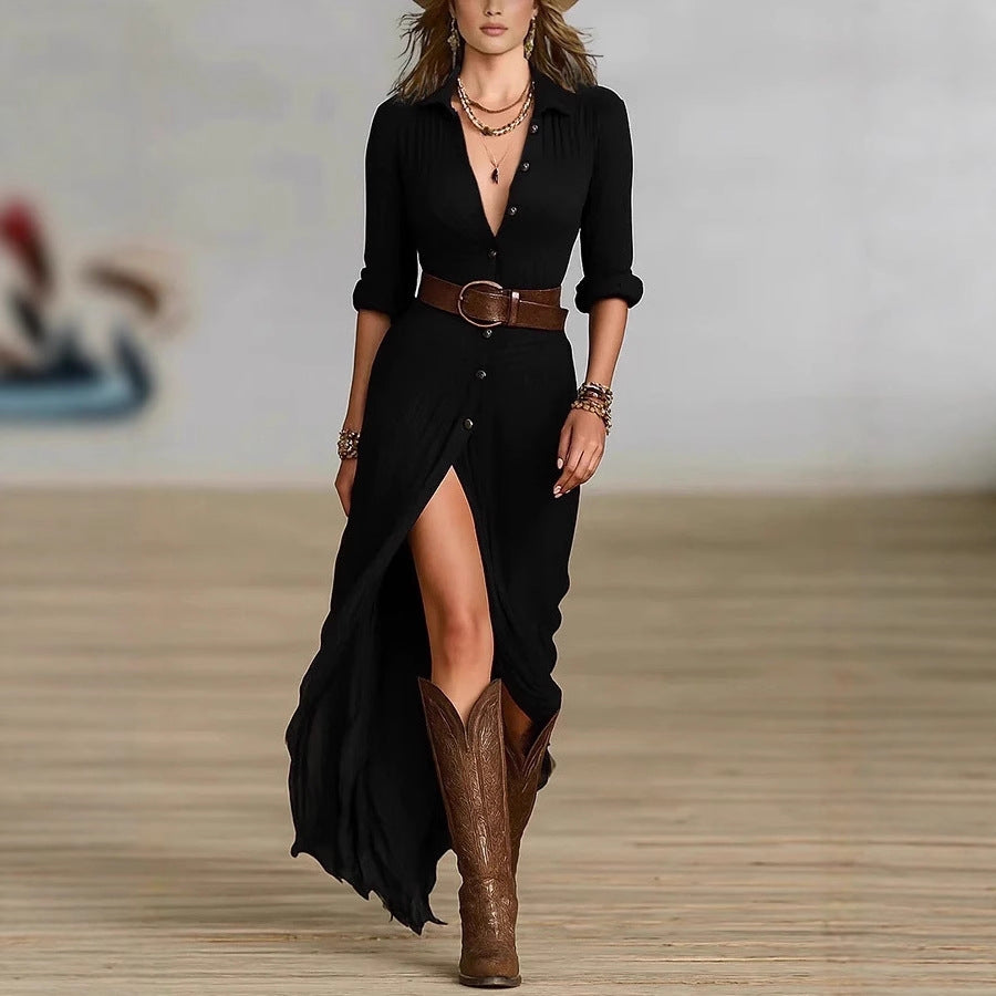 Chemisier Maxi Robe Femme avec taille froncée et fente haute Echoarchiv