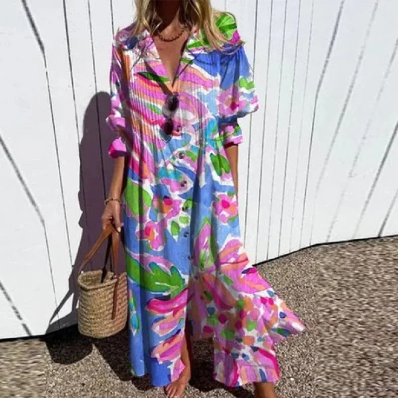 Robe Maxi Fluide pour Femmes avec Boutonnage Intégral, Décolleté en V et Imprimé Ethnique Echoarchiv