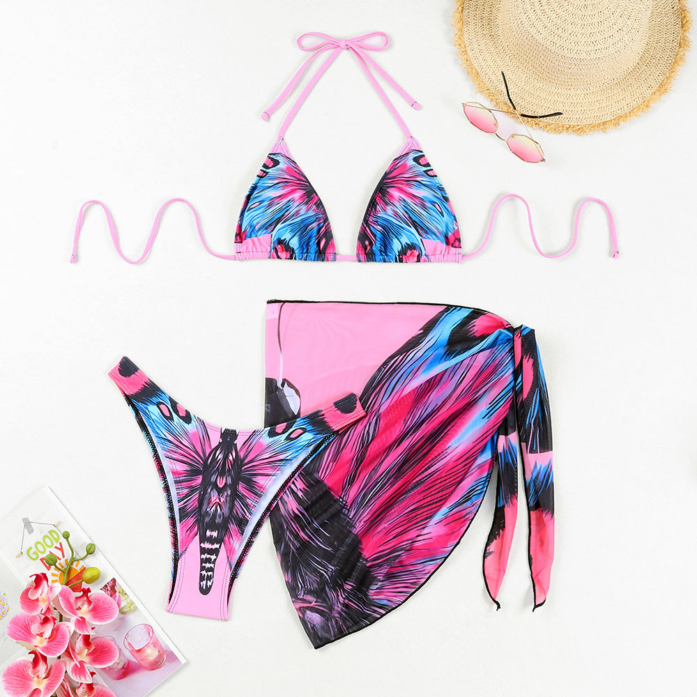 Ensemble bikini triangle pour femmes avec impression papillon excitante et pareo assorti R&B