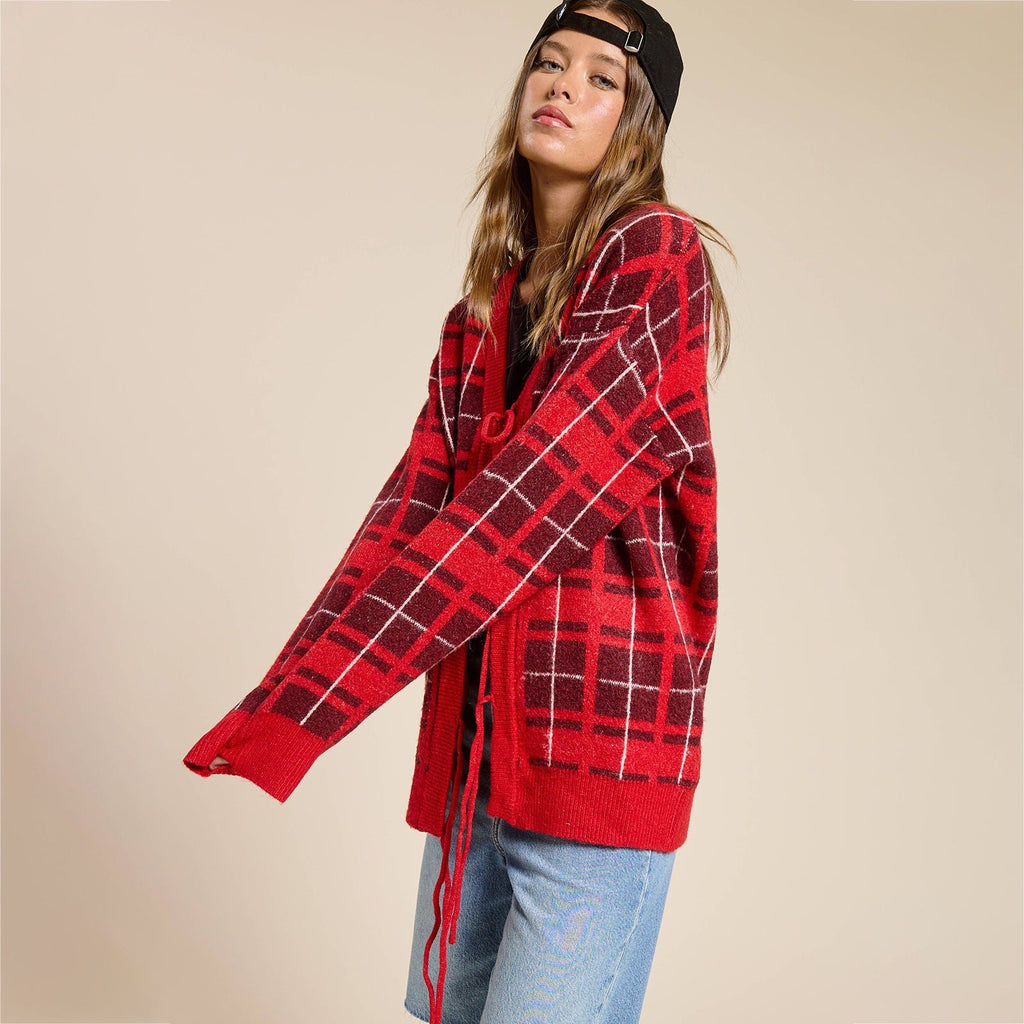 Cardigan en maille à carreaux oversize pour femmes avec ceinture et poches plaquées Echoarchiv